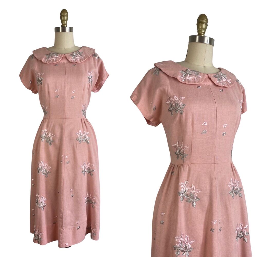 Vintage 1960s Pink Linen Embroidered Dress with Peter Pan Collar | Size M